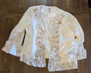Womens La Rea Collection White And Tan Embroidered Bell Sleeve Linen Jacket 1X